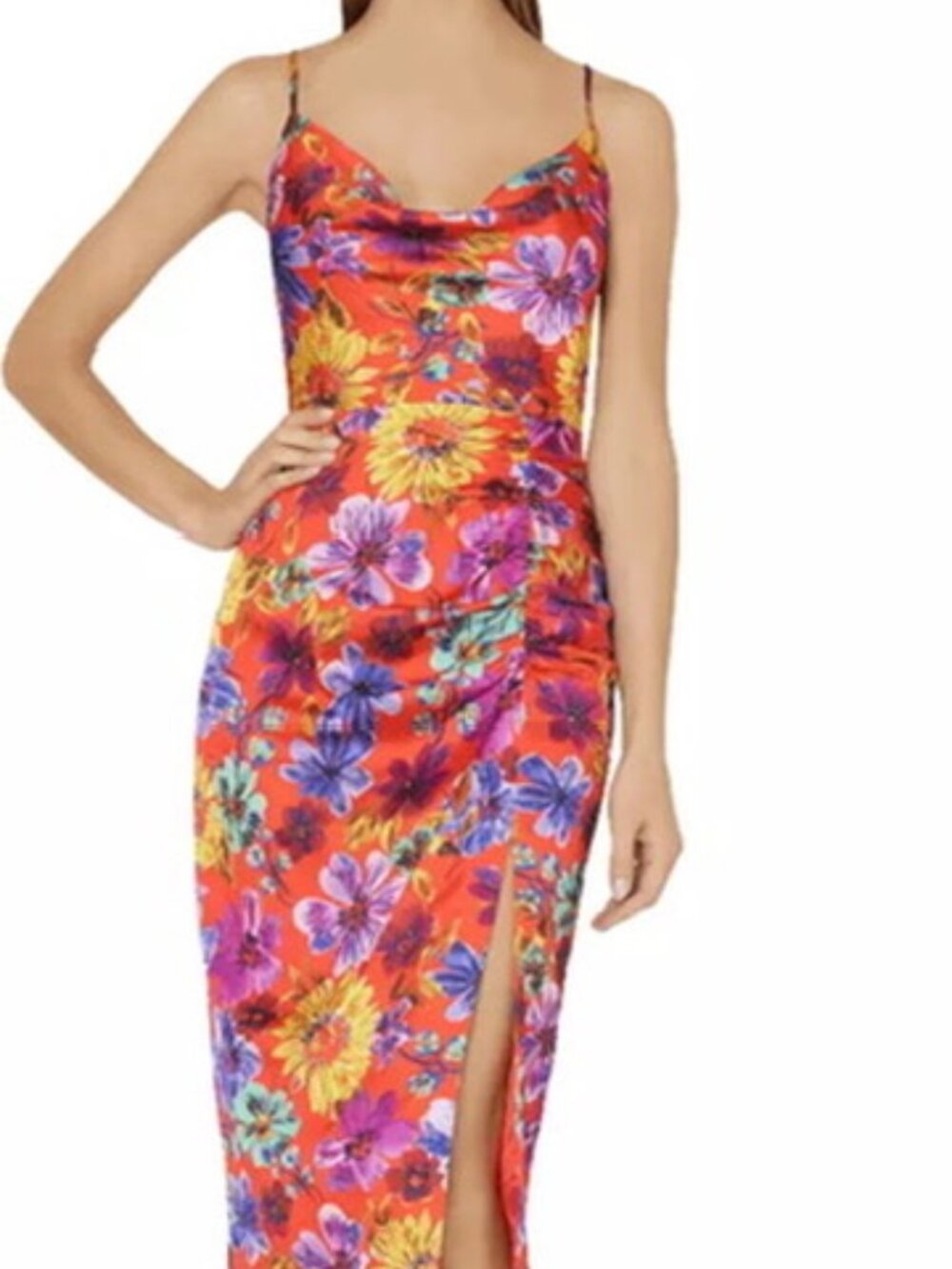 Milly Lilliana Ruched Wildflower Floral Print Satin Cowl Neck Midi Slip Dress